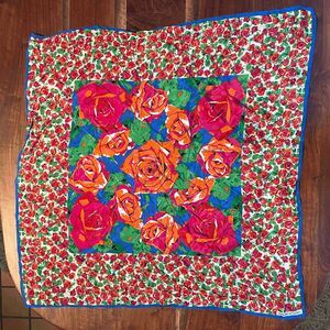 VTG Adrienne Vittadini Floral Silk Scarf Rose Print Blue Border 34”